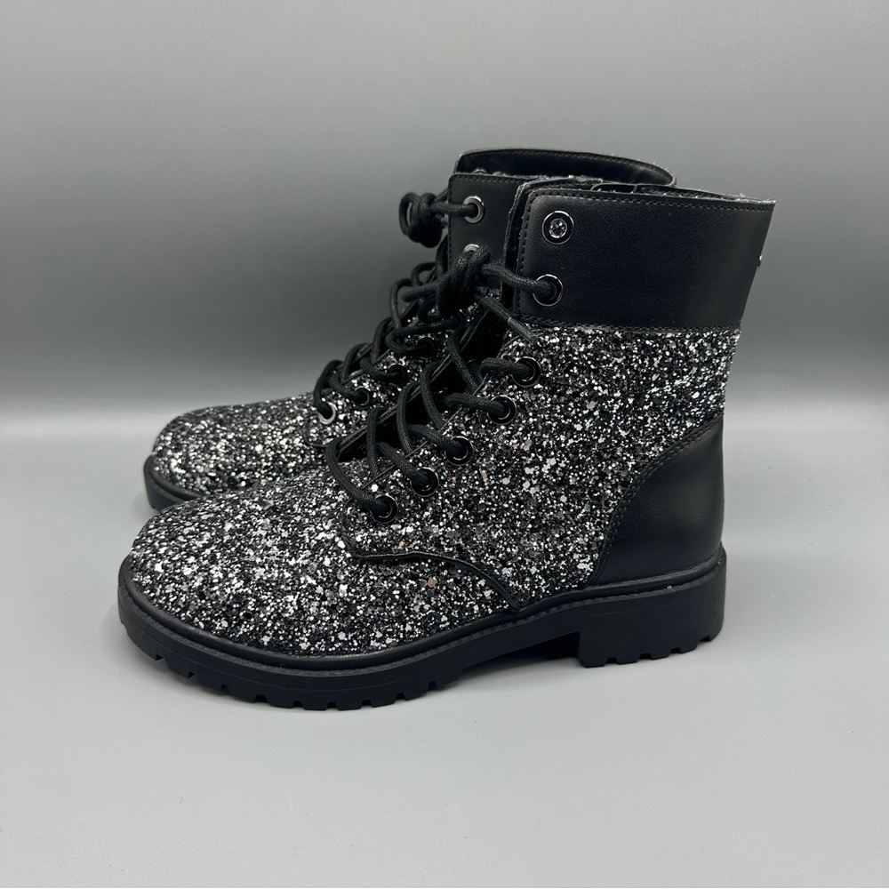 Michael Kors MK Glitter Combat Boots Women’s Size 5 Black Silver Glitter